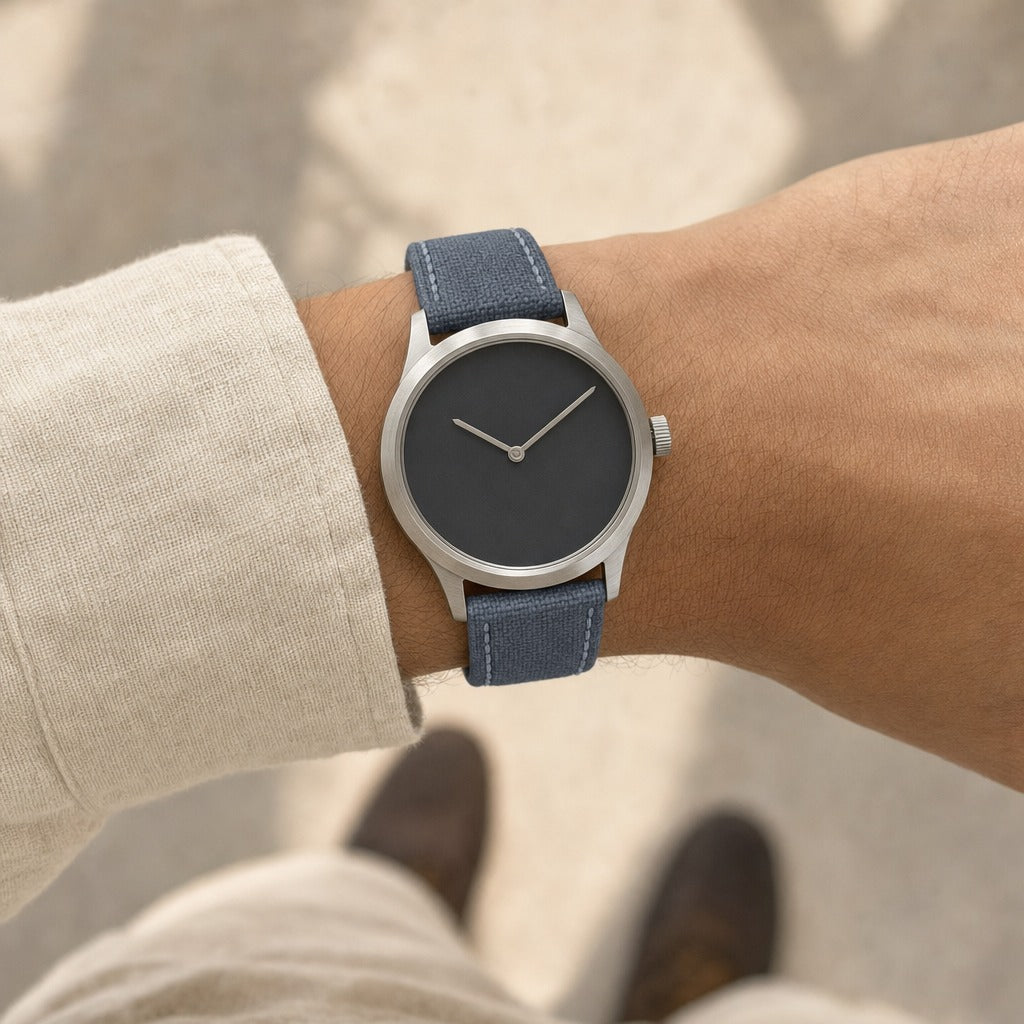 Blue Gray Sailcloth Canvas Watch Strap worn on the wrist