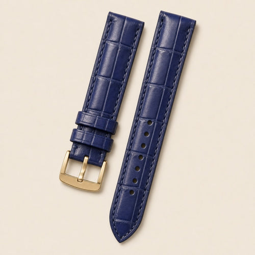Blue Navy Alligator Leather Watch Strap leather watch strap, flat lay