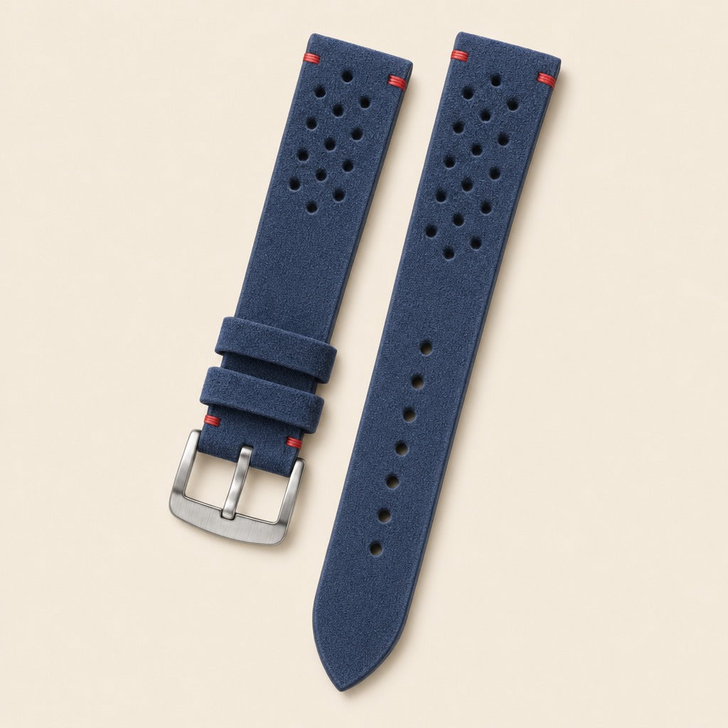 Blue Rally Racing Suede Leather Watch Strap leather watch strap, flat lay