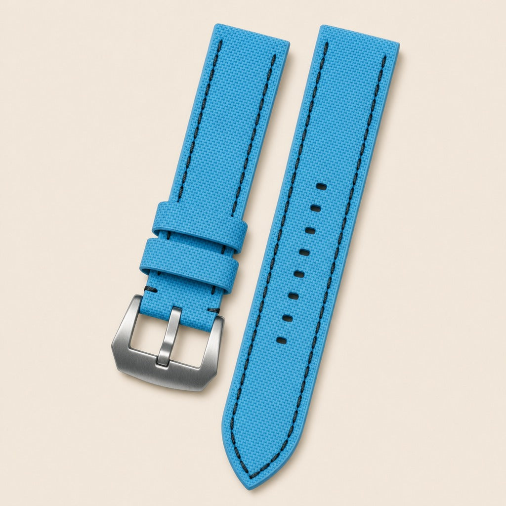 Blue Sailcloth Rubber Watch Strap leather watch strap, flat lay
