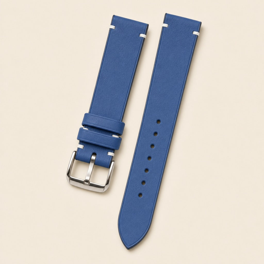 Blue Swift Leather Watch Strap leather watch strap, flat lay