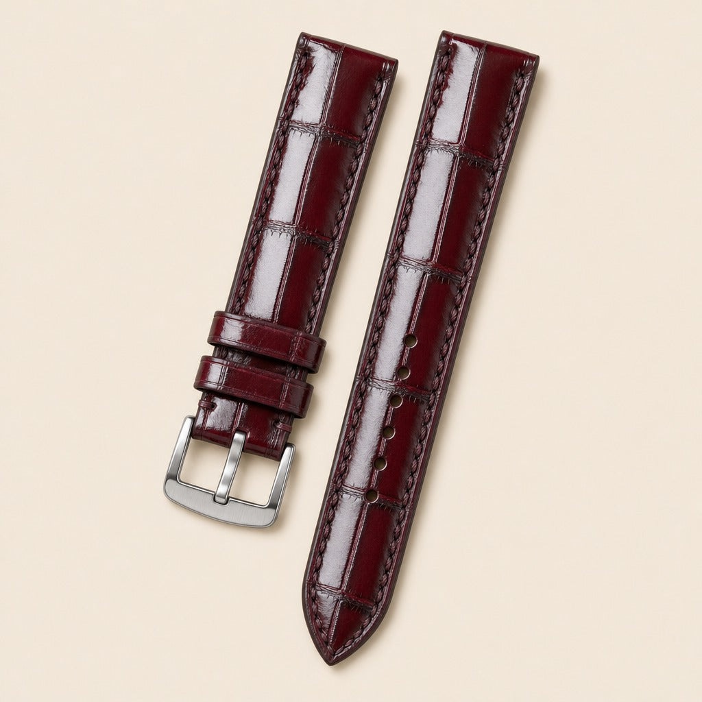 Bordeaux Alligator Leather Watch Strap leather watch strap, flat lay