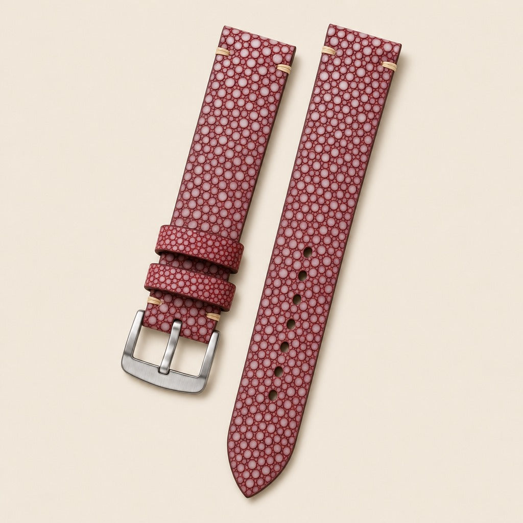 Bordeaux Stingray Leather Watch Strap leather watch strap, flat lay