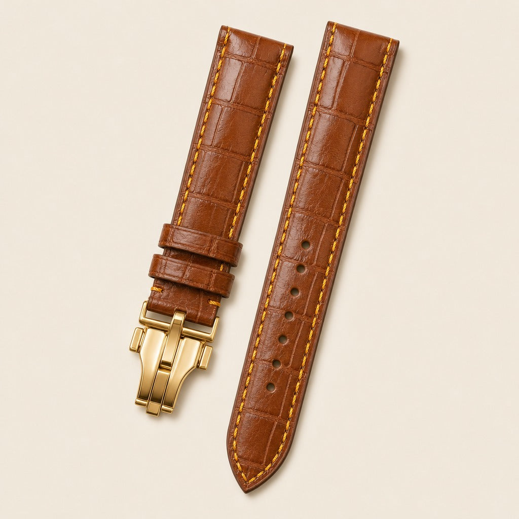 British Tan Alligator Leather Watch Strap leather watch strap, flat lay