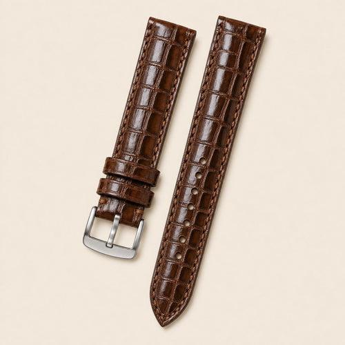 Brown Alligator Leather Watch Strap leather watch strap, flat lay