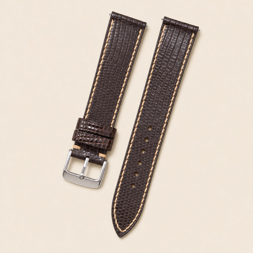 Brown & Beige Lizard Leather Watch Strap leather watch strap, flat lay