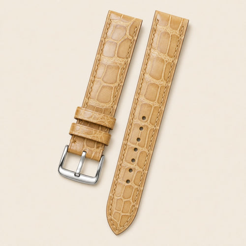 Brown Gold Alligator Leather Watch Strap leather watch strap, flat lay