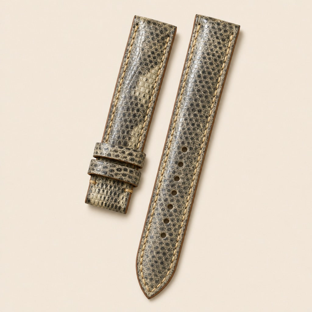 Brown Gray Lizard Leather Watch Strap leather watch strap, flat lay