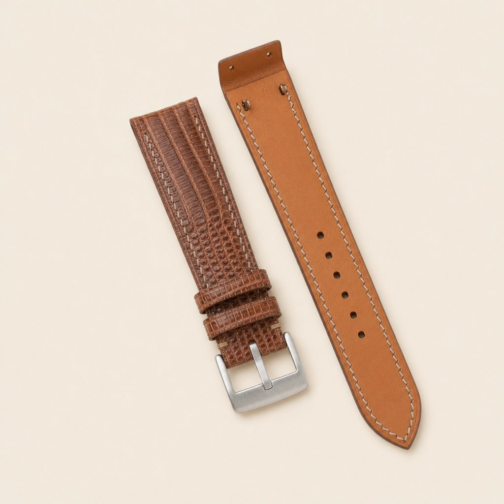Brown Lizard Fixed Bars Leather Watch Strap leather watch strap, flat lay