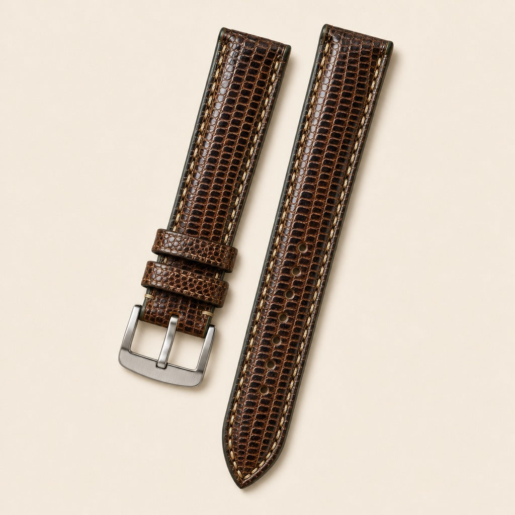 Brown Lizard Leather Watch Strap leather watch strap, flat lay