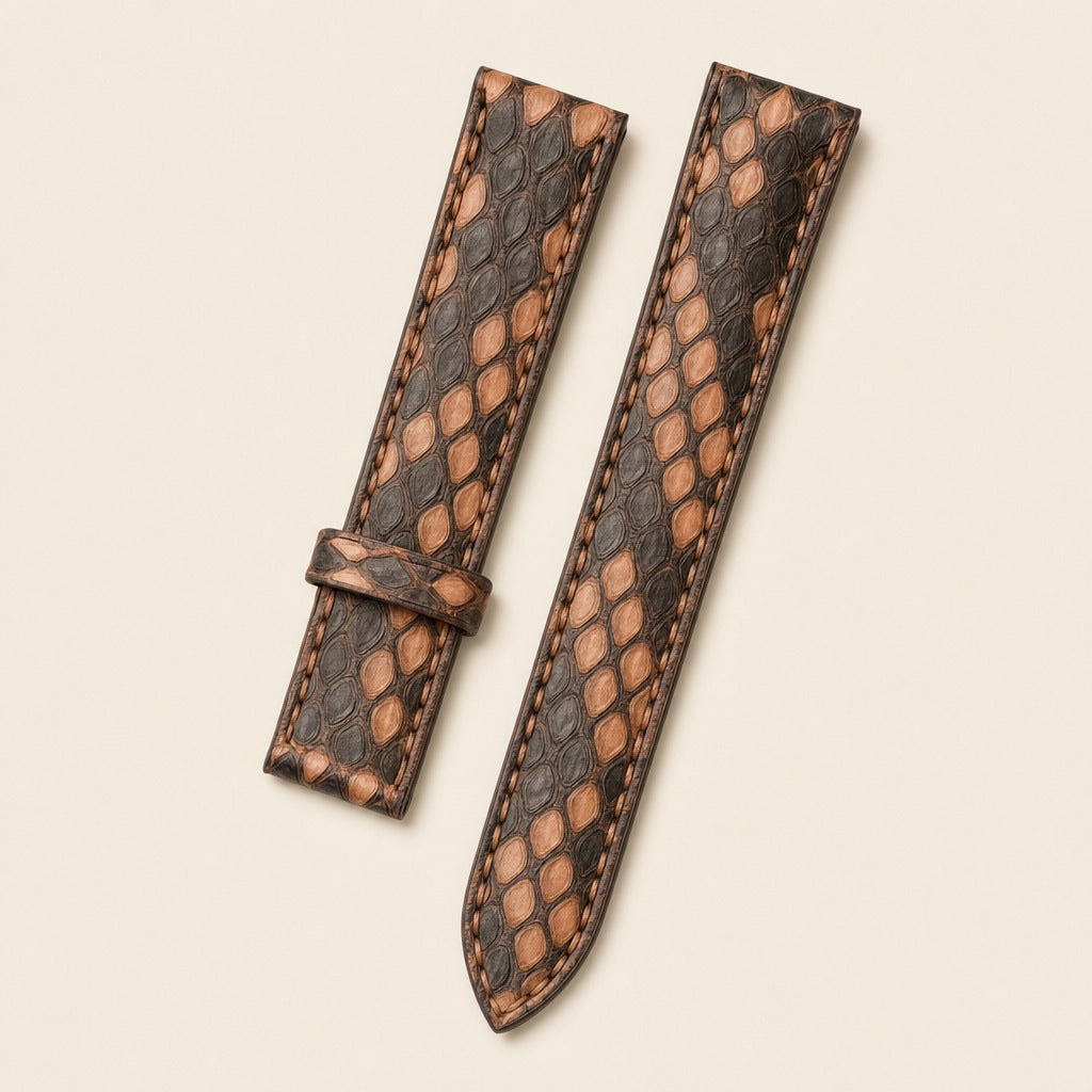 Brown Python Leather Watch Strap leather watch strap, flat lay