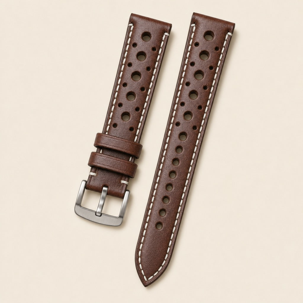 Brown Rally Racing Vachetta Leather Watch Strap leather watch strap, flat lay