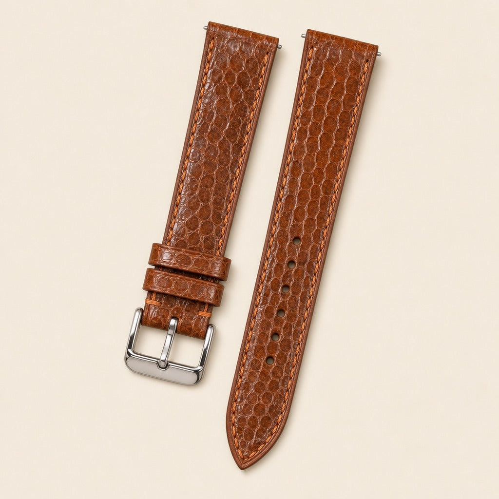 Brown Sea Snake Leather Watch Strap leather watch strap, flat lay