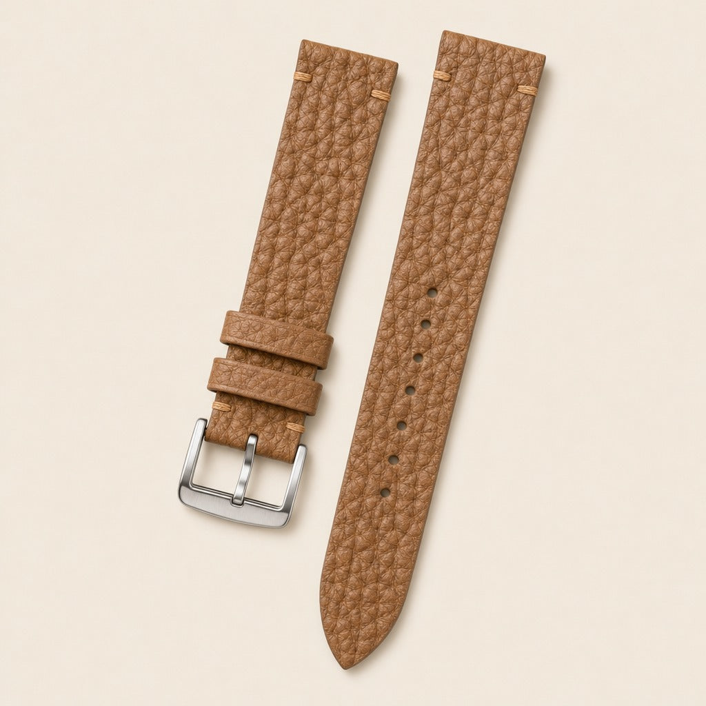 Brown Togo Leather Watch Strap leather watch strap, flat lay