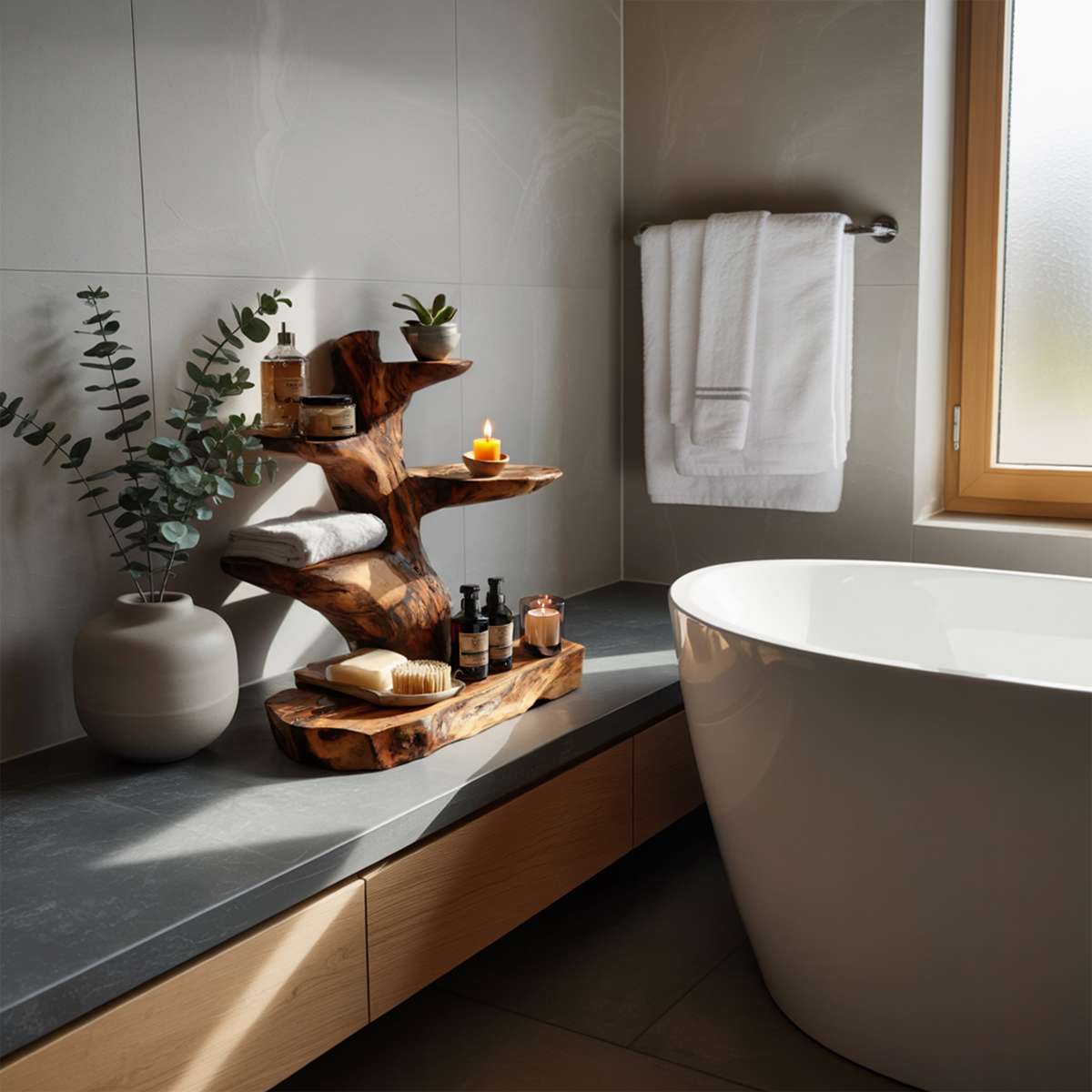 Modern Organic Solid Wood Countertop Bathroom Shelf with Tiers in Brown finish