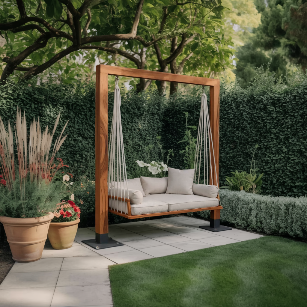 Solid Wood Freestanding Outdoor Daybed Swing with Rope Suspension in Brown finish
