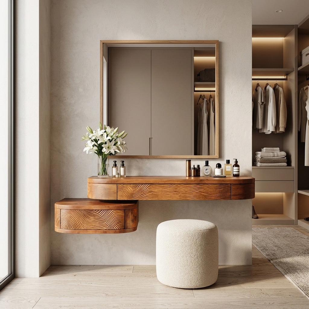 Floating Wall Mounted Vanity Table with Drawers for Bedroom in Brown finish