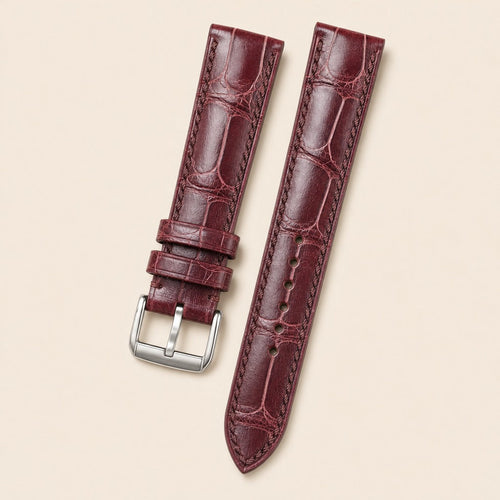 Burgundy Alligator Leather Watch Strap leather watch strap, flat lay