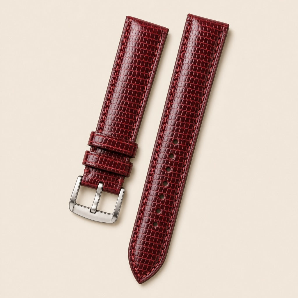 Burgundy Lizard Leather Watch Strap leather watch strap, flat lay