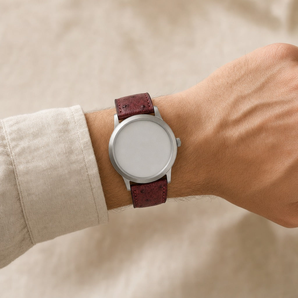 Burgundy Marble Smooth Ostrich Leather Watch Strap worn on the wrist