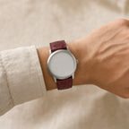 Burgundy Marble Smooth Ostrich Leather Watch Strap worn on the wrist