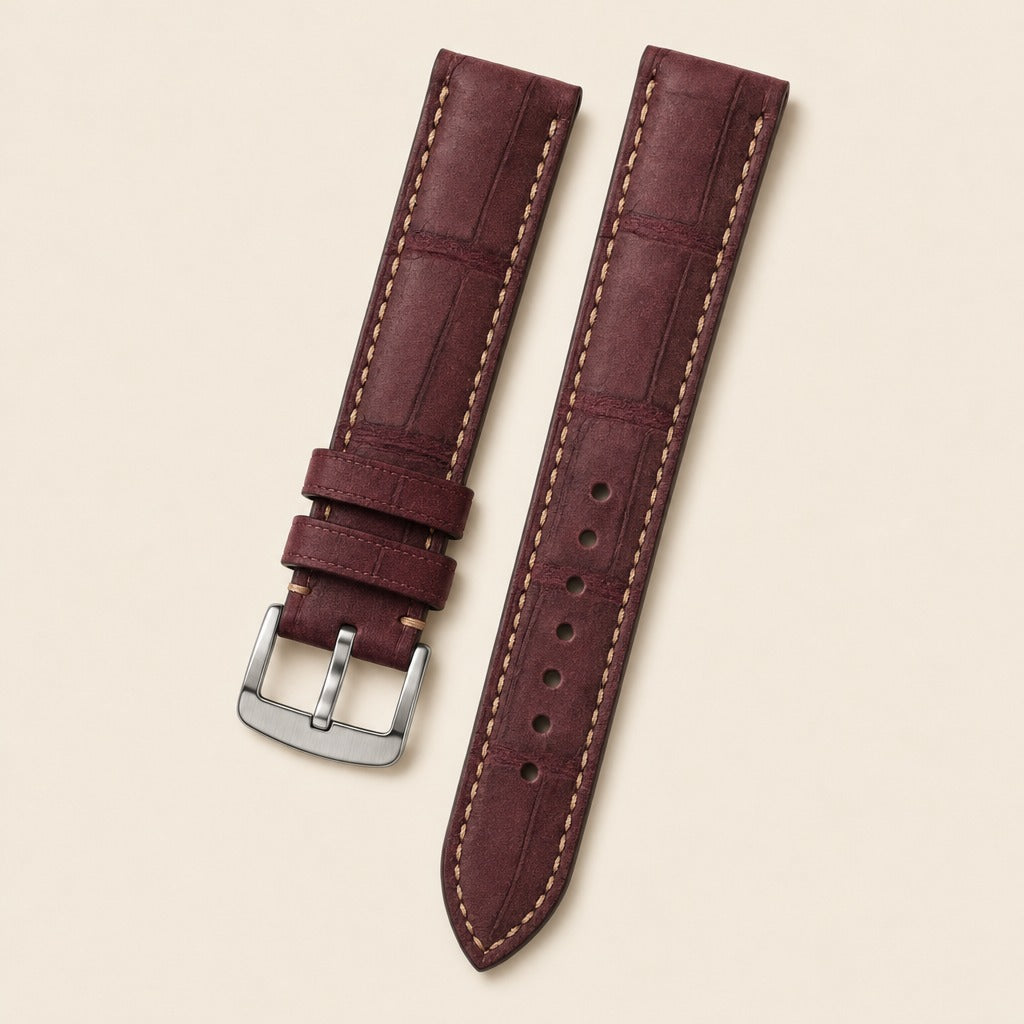 Burgundy Nubuck Leather Watch Strap leather watch strap, flat lay