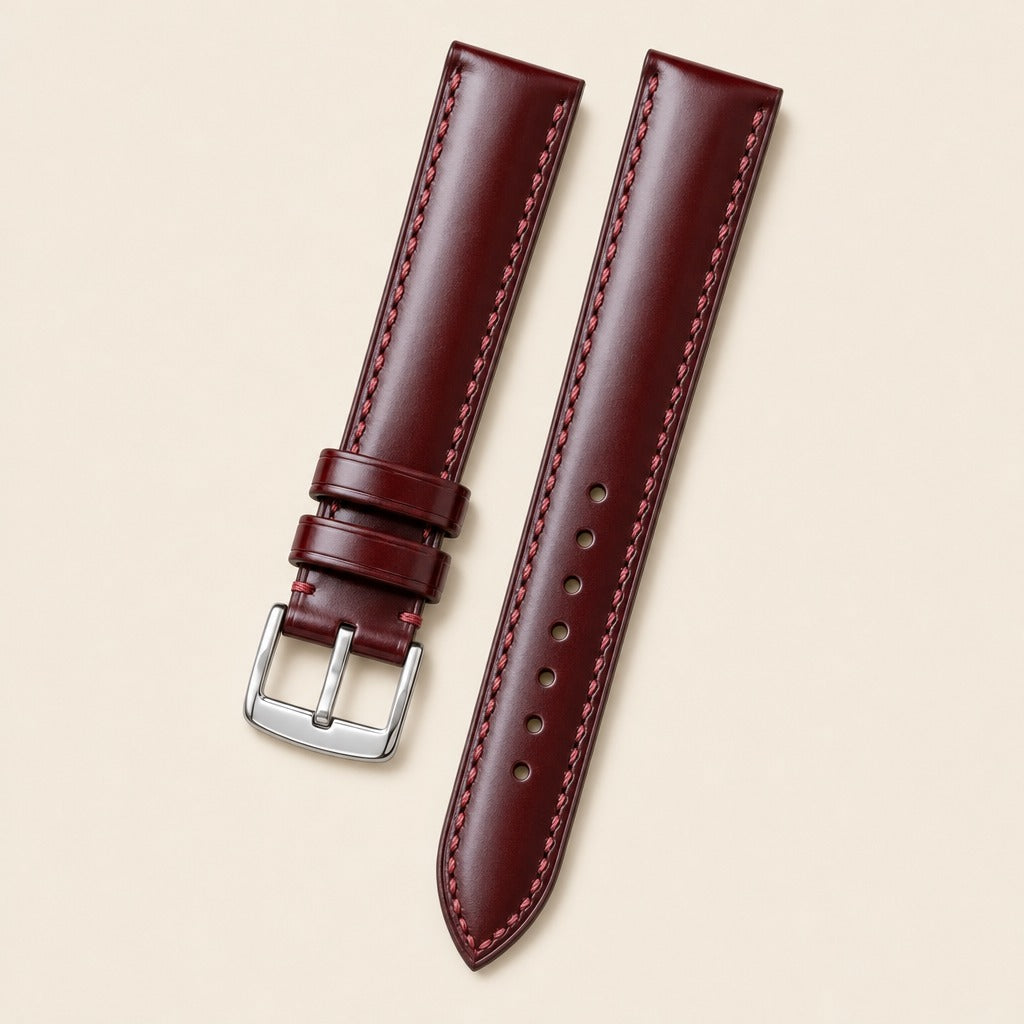 Burgundy Shell Cordovan Leather Watch Strap leather watch strap, flat lay