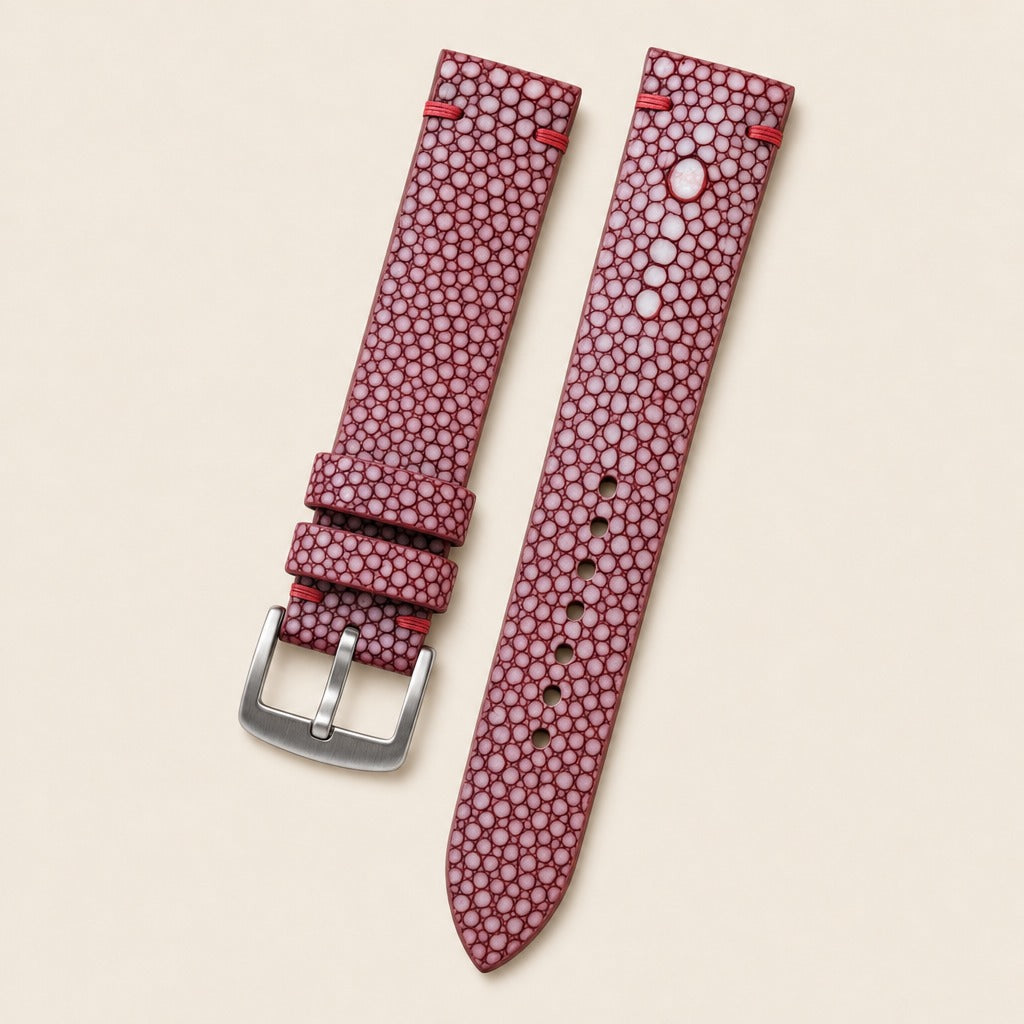 Burgundy Stingray Leather Watch Strap leather watch strap, flat lay