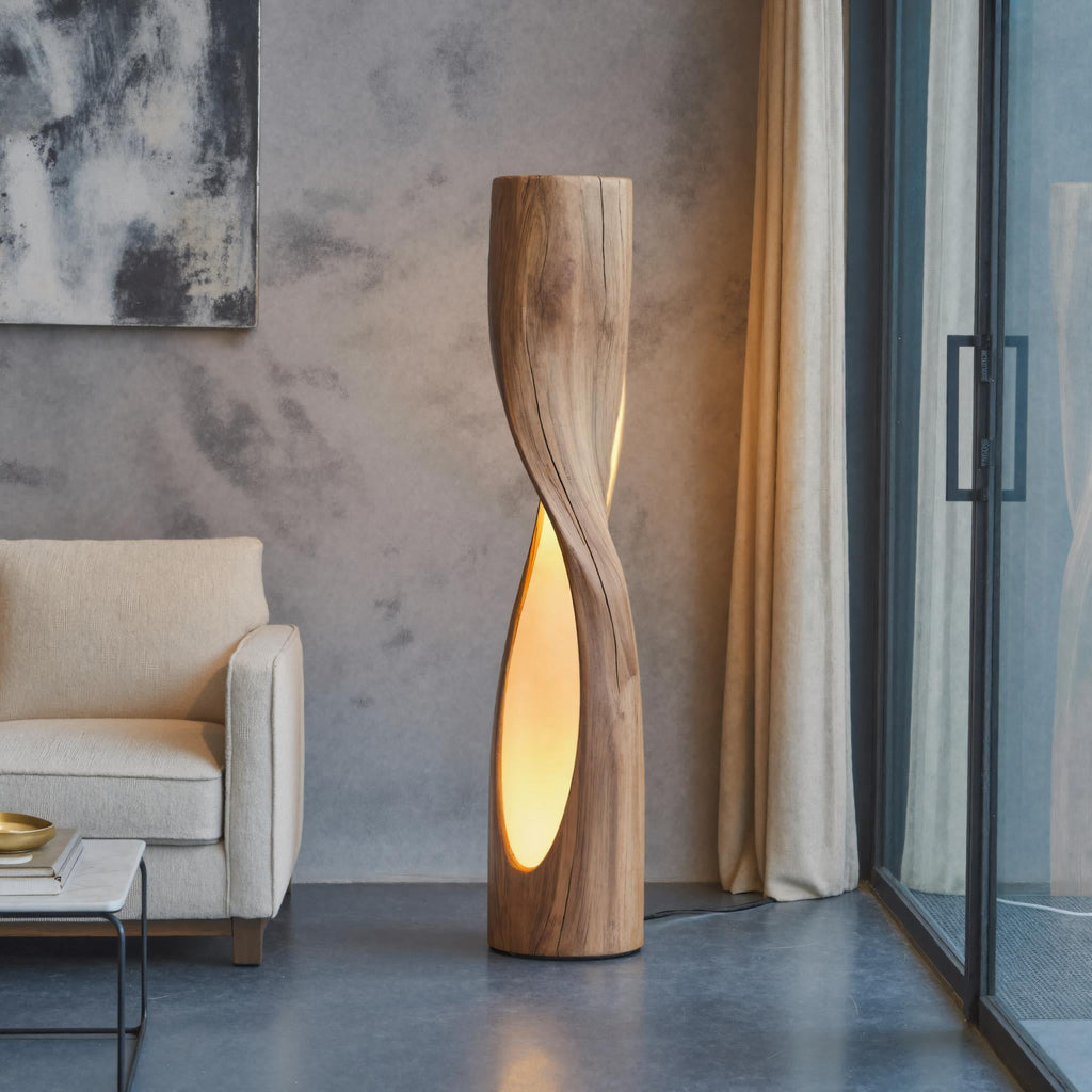 Twisted Solid Wood Floor Lamp with Carved Light Openings