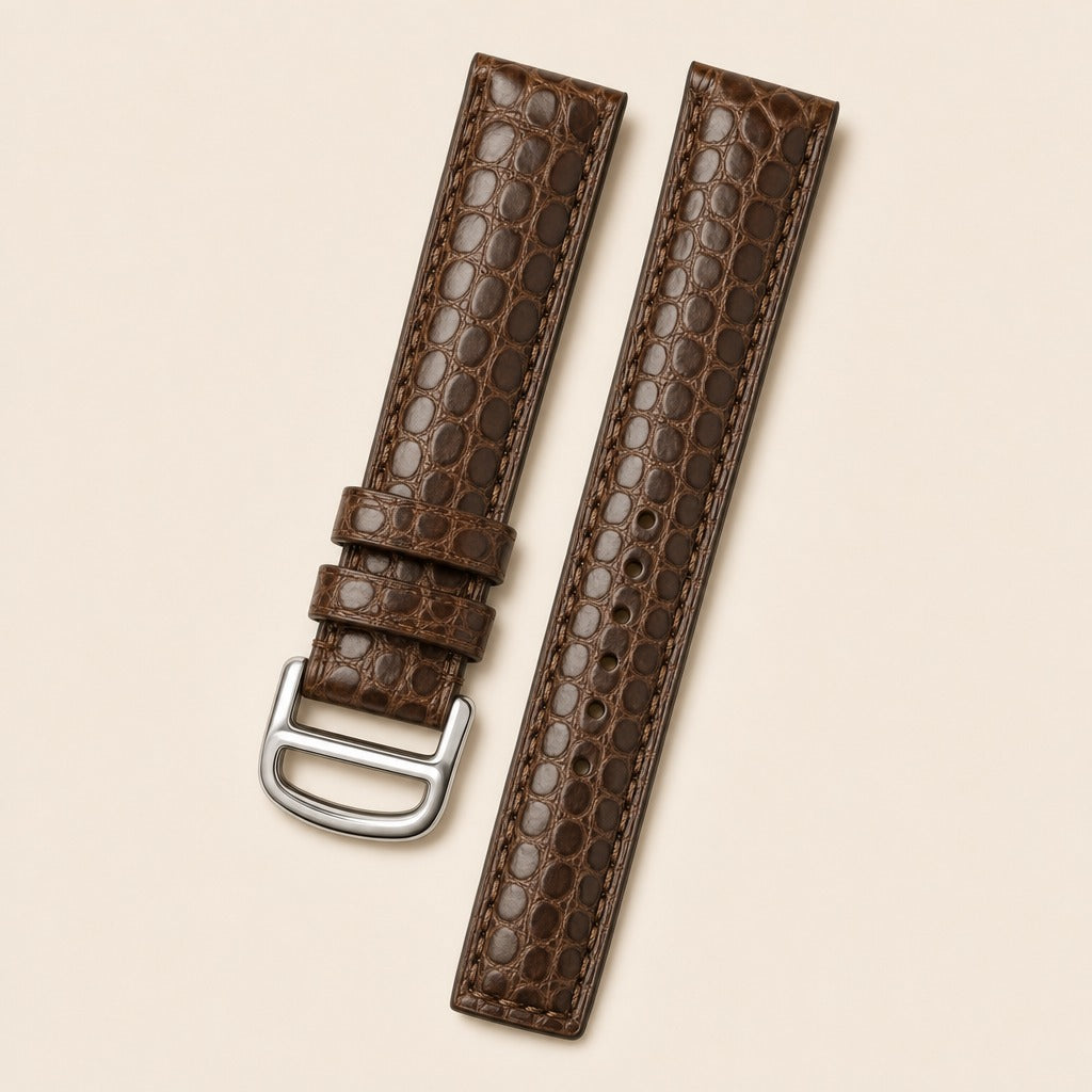 Chocolate Alligator Leather Watch Strap leather watch strap, flat lay