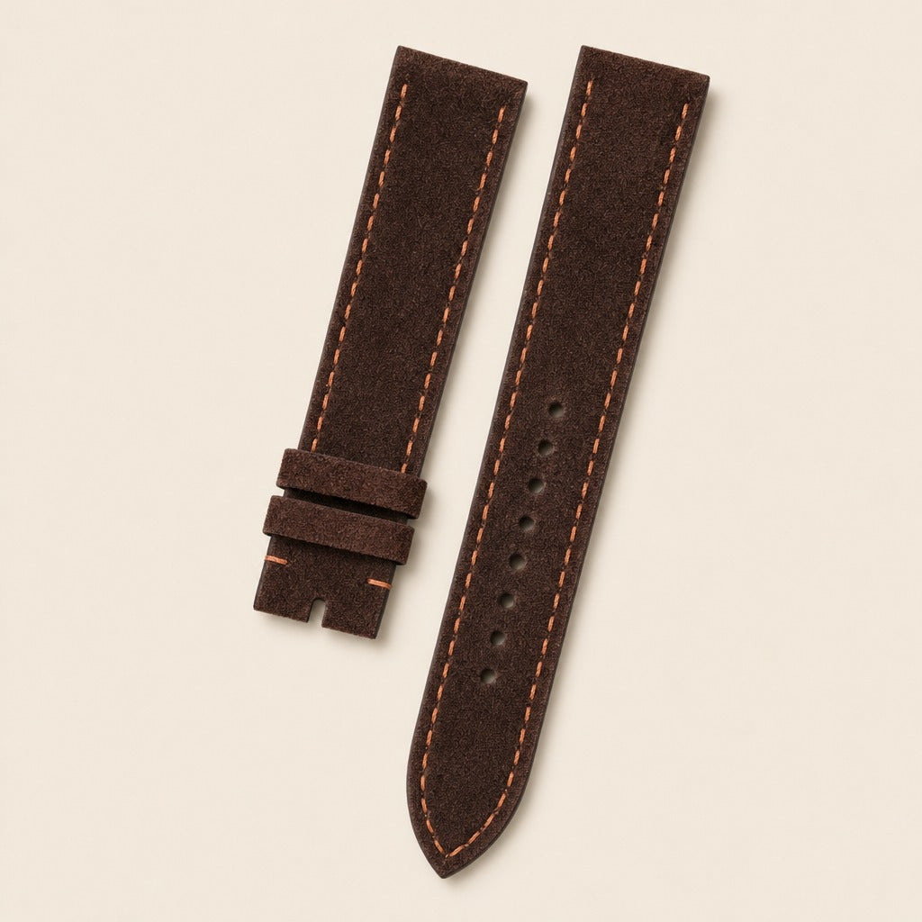 Chocolate Brown Suede Leather Watch Strap leather watch strap, flat lay