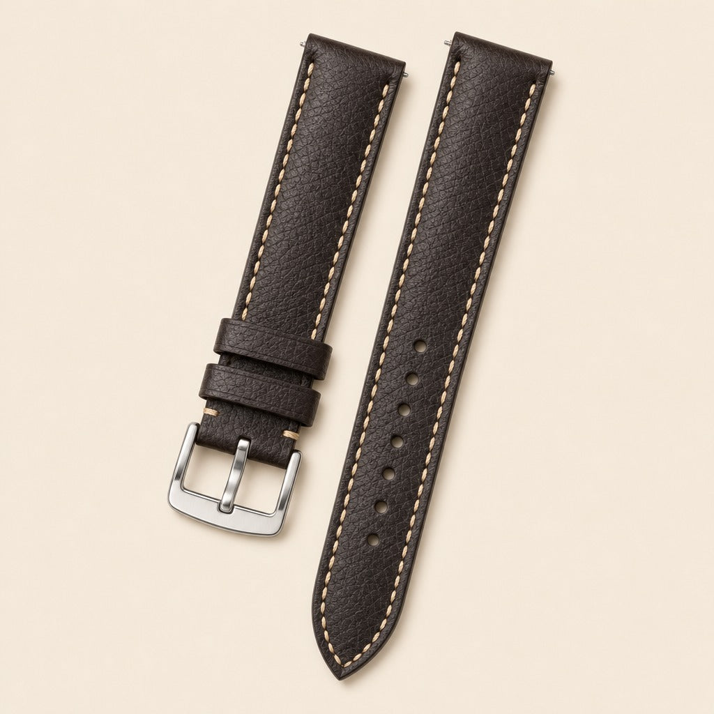 Chocolate Epsom Leather Watch Strap leather watch strap, flat lay