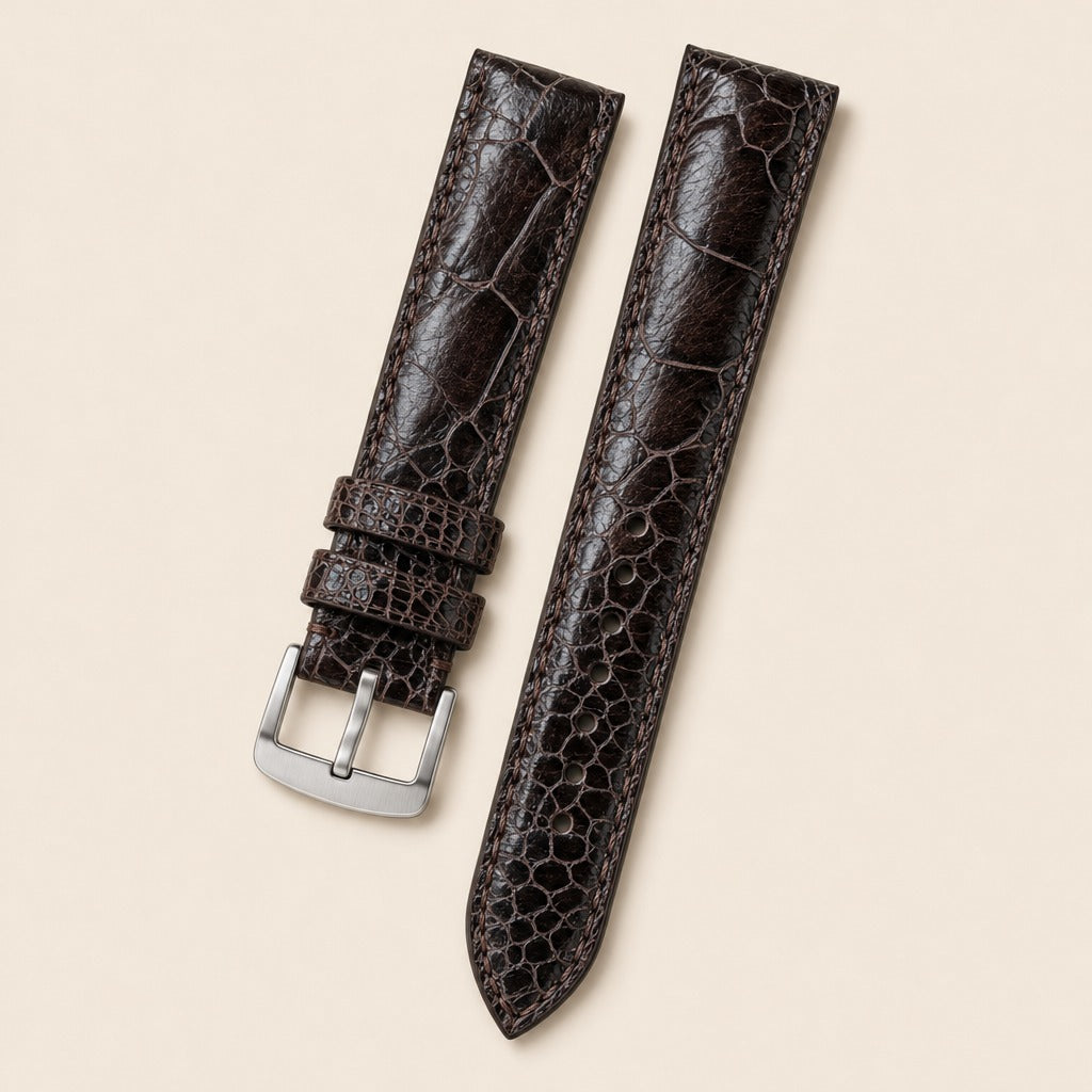 Chocolate Ostrich Leather Watch Strap leather watch strap, flat lay