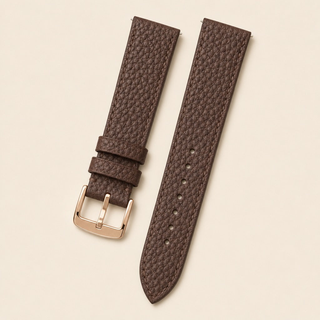 Chocolate Togo Leather Watch Strap leather watch strap, flat lay