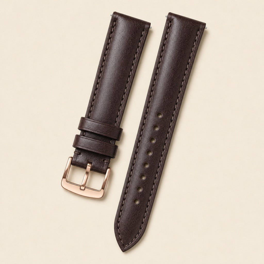 Chocolate Vachetta Leather Watch Strap leather watch strap, flat lay