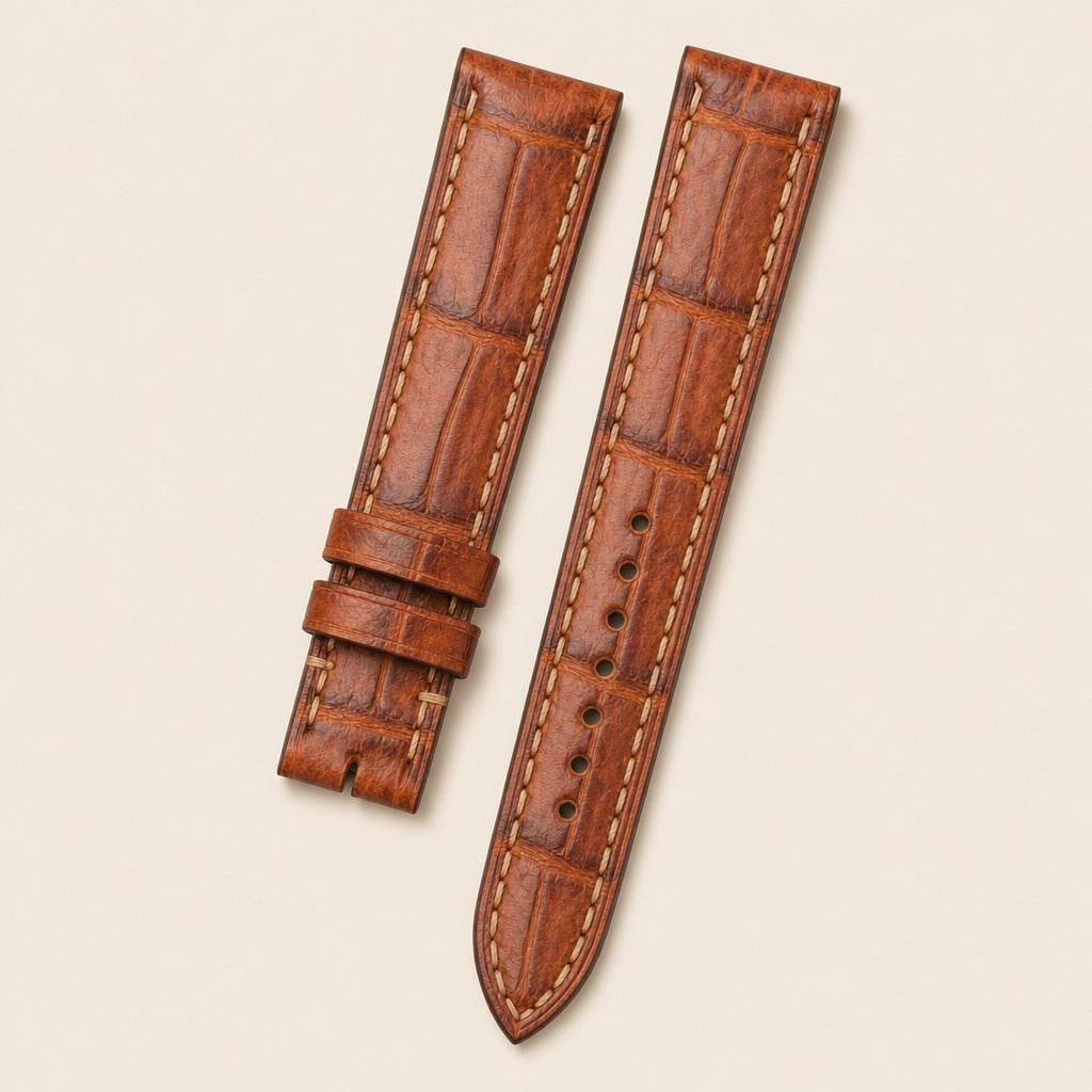 Cognac Alligator Leather Watch Strap leather watch strap, flat lay