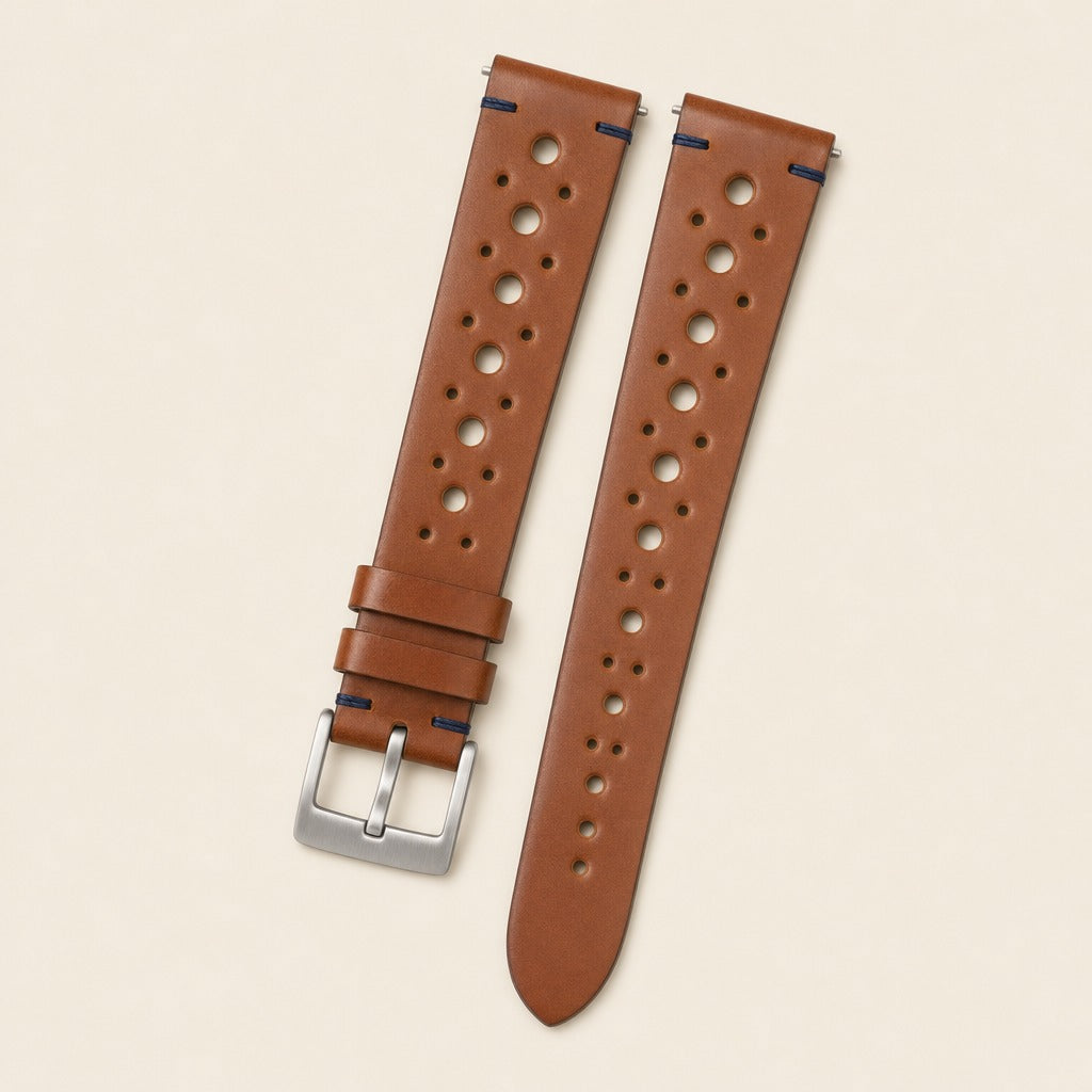 Cognac & Navy Rally Shell Cordovan Leather Watch Strap leather watch strap, flat lay