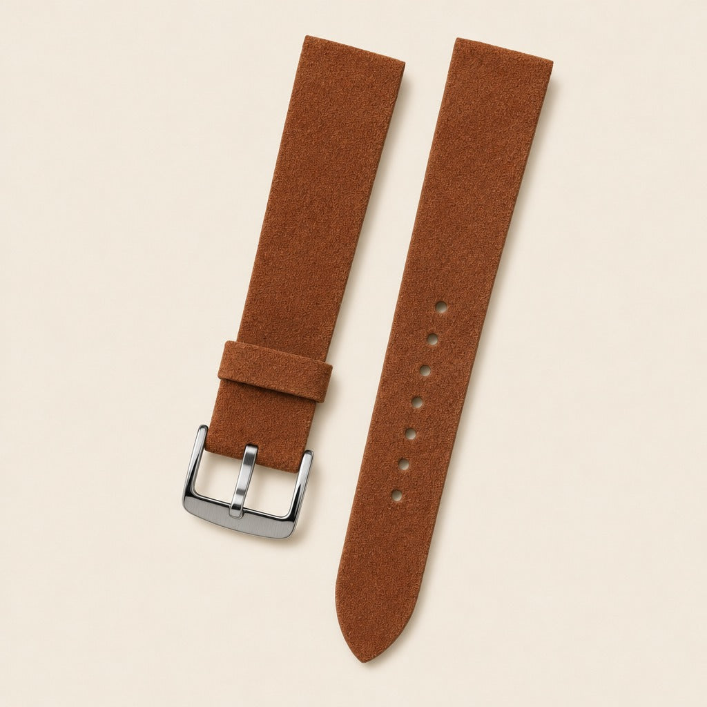 Cognac Suede Leather Watch Strap leather watch strap, flat lay