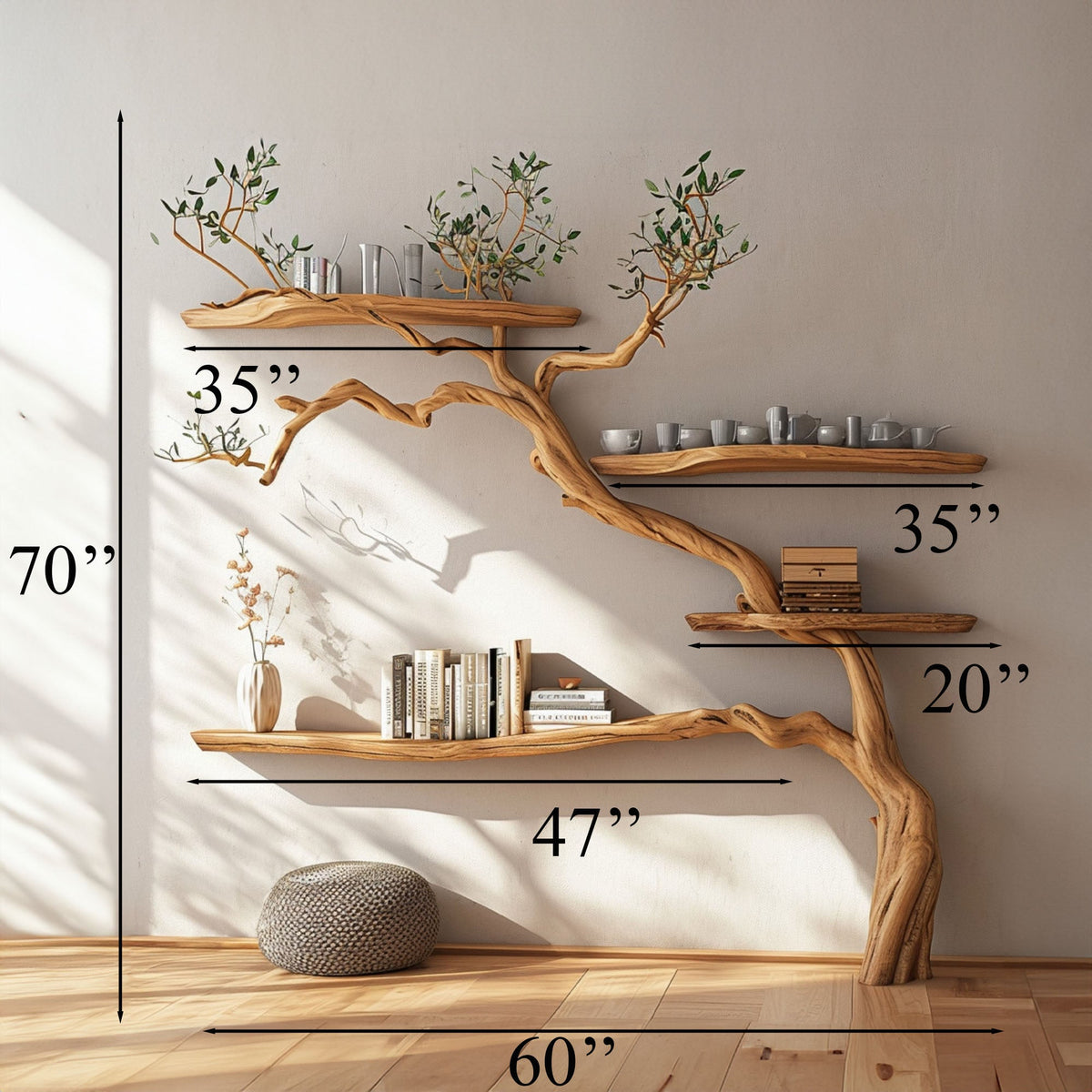 Tree Branch Floating Shelves Montessori Wall Mount Bookshelf in Brown finish