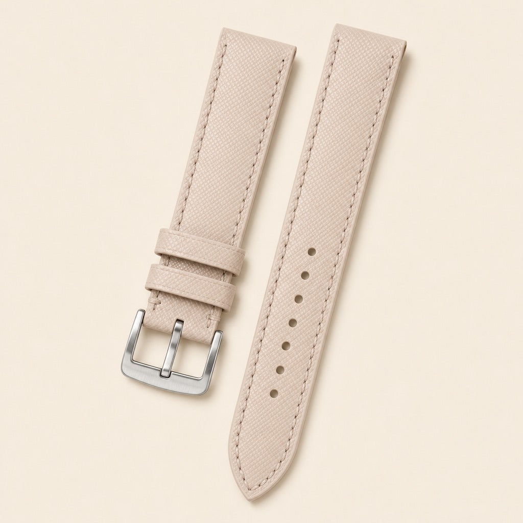 Cream Saffiano Leather Watch Strap leather watch strap, flat lay