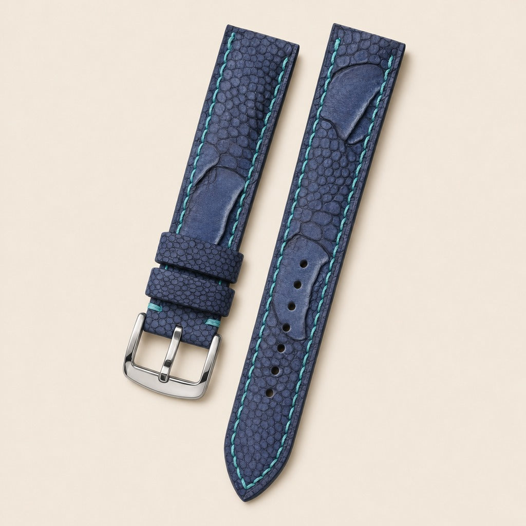 Dark Blue Ostrich Leg Leather Watch Strap leather watch strap, flat lay