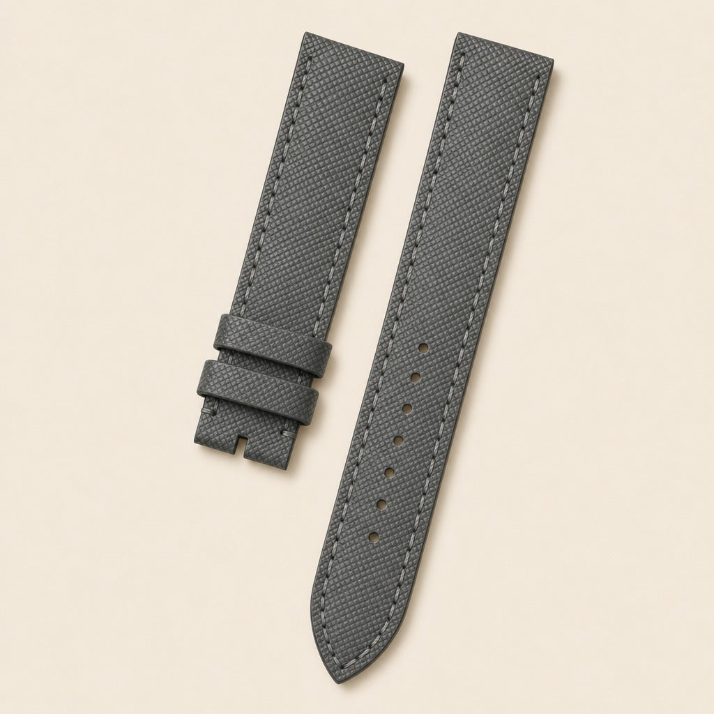 Dark Blue Saffiano Wings Cut Leather Watch Strap leather watch strap, flat lay