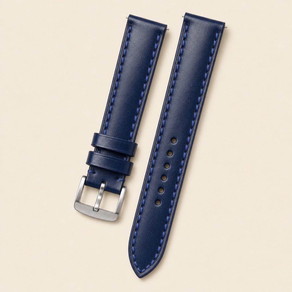 Dark Blue Shell Cordovan Leather Watch Strap leather watch strap, flat lay