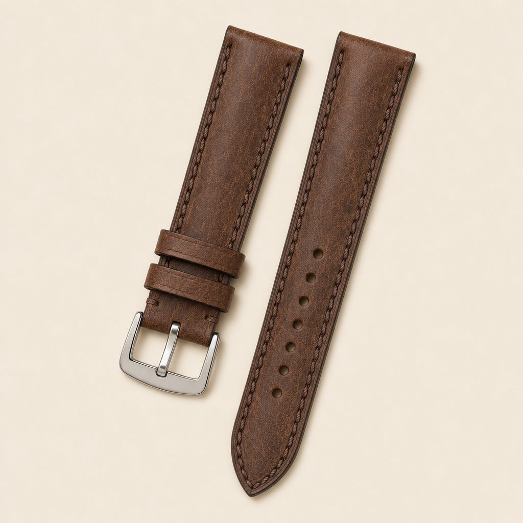 Dark Brown & Tan Pueblo Leather Watch Strap leather watch strap, flat lay