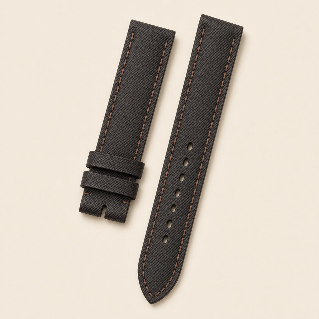 Dark Brown Saffiano Leather Watch Strap leather watch strap, flat lay