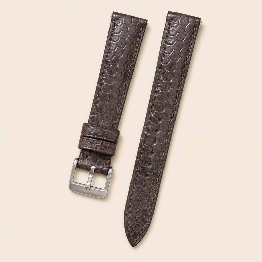 Dark Brown Sea Snake Leather Watch Strap leather watch strap, flat lay