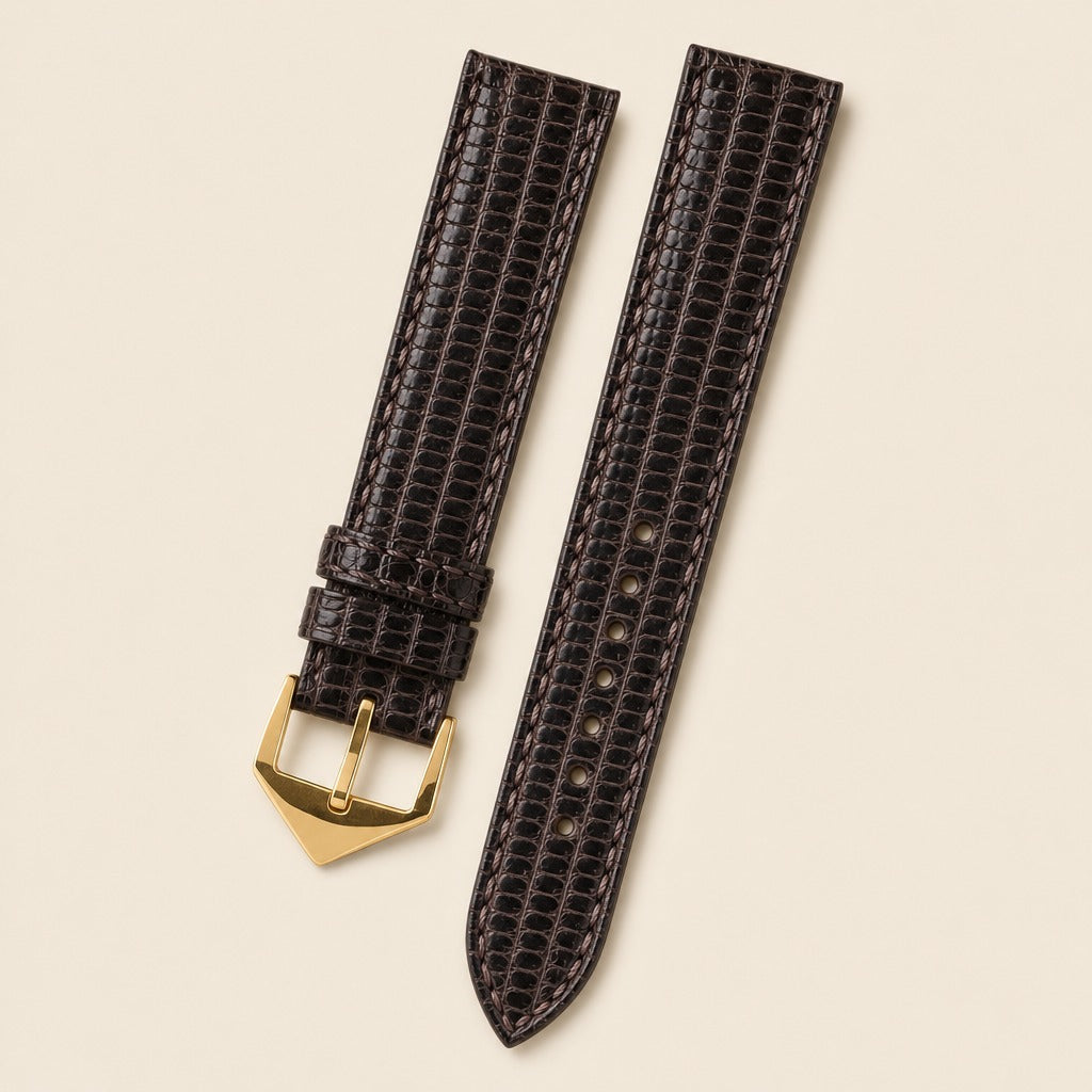 Dark Brown Teju Lizard Leather Watch Strap leather watch strap, flat lay