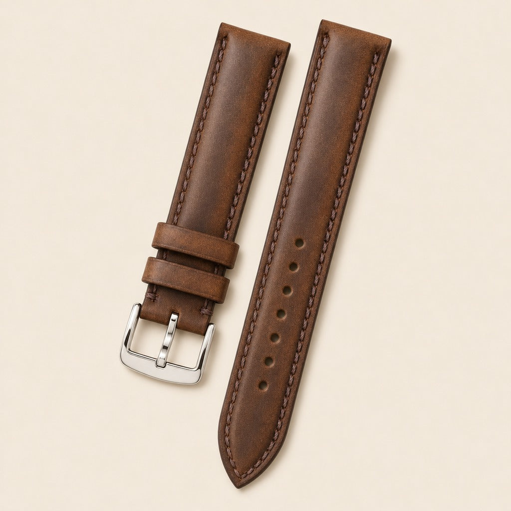 Dark Brown Waxed Leather Watch Strap leather watch strap, flat lay