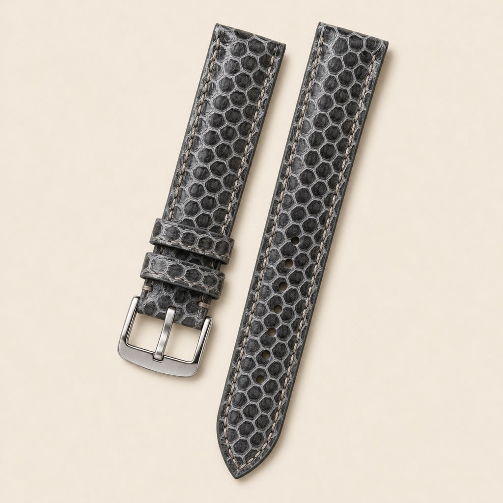 Dark Gray Sea Snake Leather Watch Strap leather watch strap, flat lay