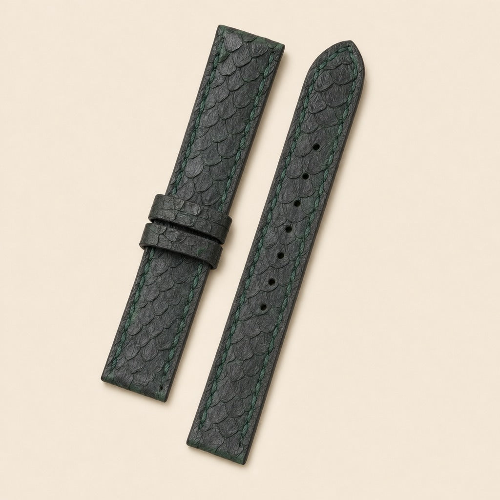 Dark Green Python Leather Watch Strap leather watch strap, flat lay